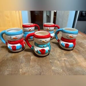 Bay Island Holiday Ceramic Christmas Snowman Mugs Hot Coco Cups Red Set of 5